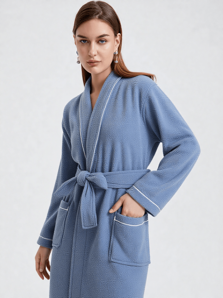 Robe de chambre femme chaude courtelle, vue portée, bleu, chaud, coton, eponge, femme, long, uni