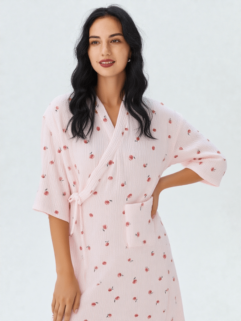 Robe de chambre femme coton léger, vue portée, coton, femme, leger, long, motif, rose, été