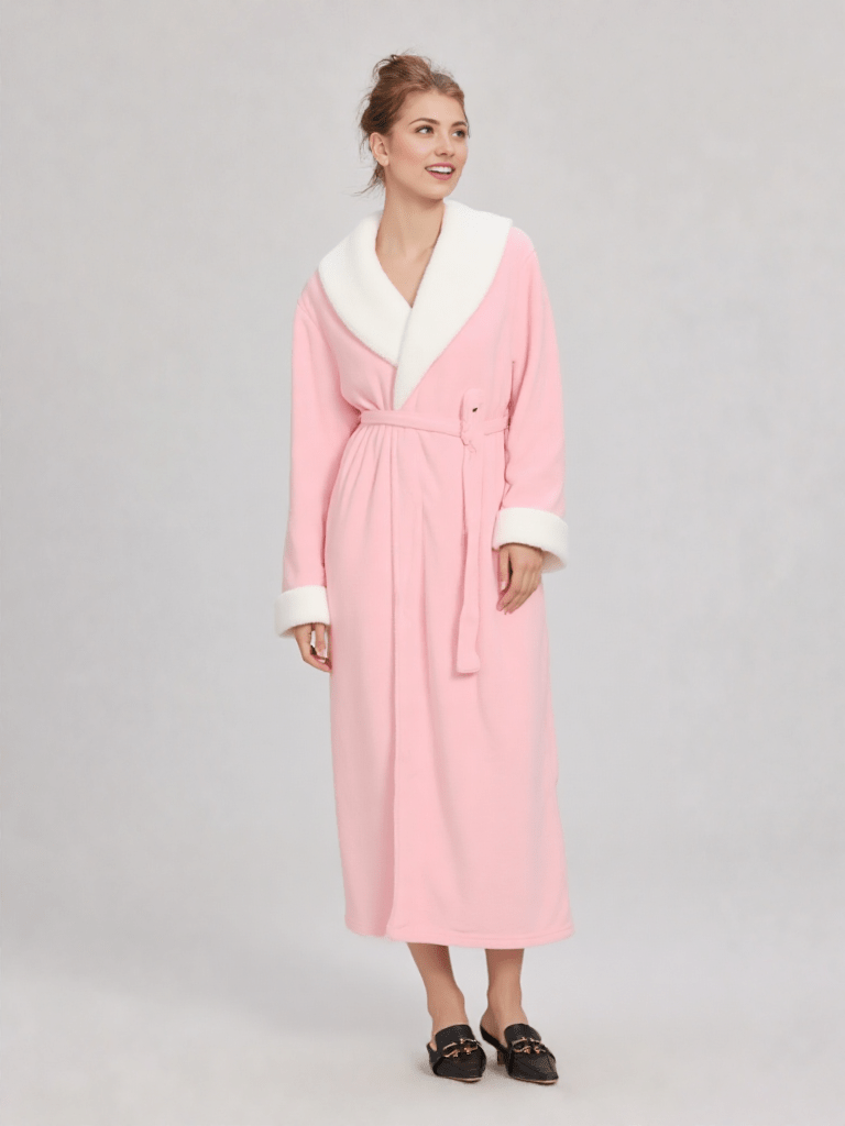 Robe de chambre femme longue polaire, vue portée, chaud, femme, hiver, long, pilou, polaire, rose, uni, velour