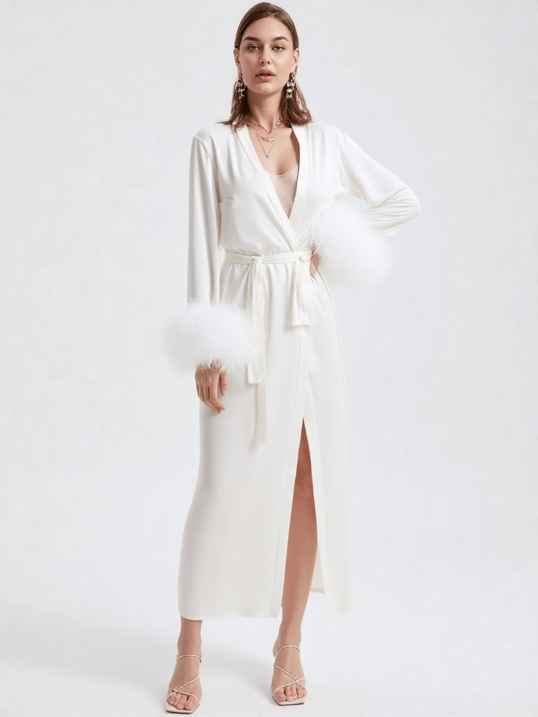 Robe de chambre femme luxe grande taille, vue portée, blanc, femme, grandetaille, kimono, leger, long, luxe, original, satin, soie, uni, été