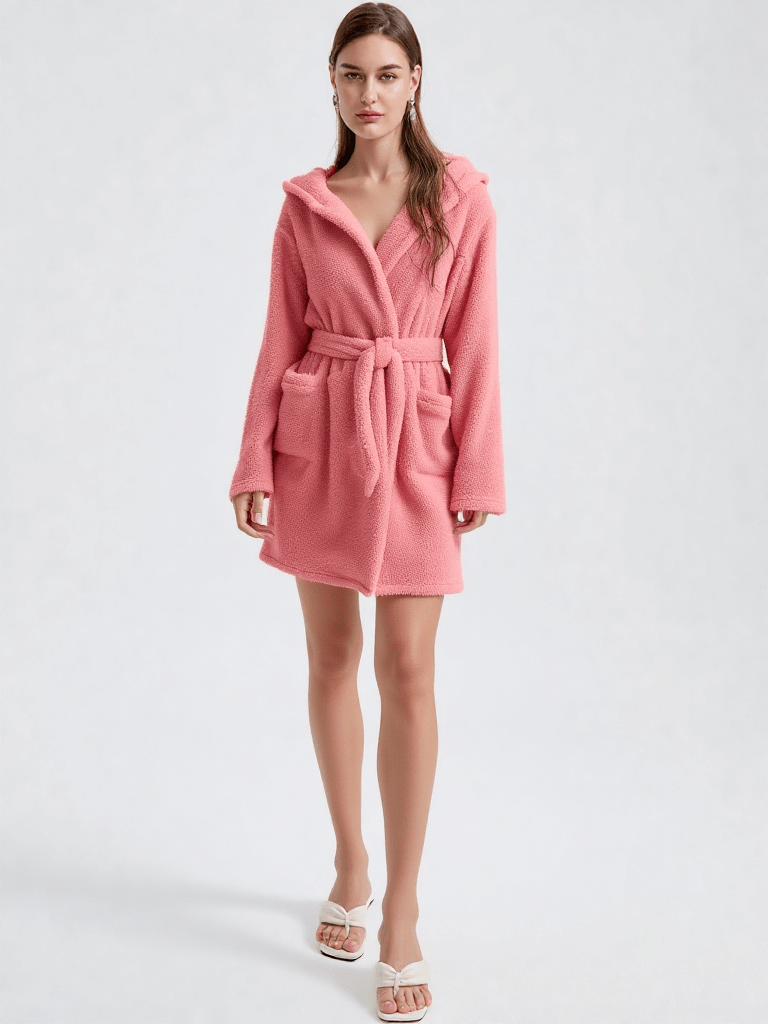 Robe de chambre femme polaire courte, vue portée, capuche, chaud, court, femme, grandetaille, hiver, pilou, polaire, rose, uni, velour
