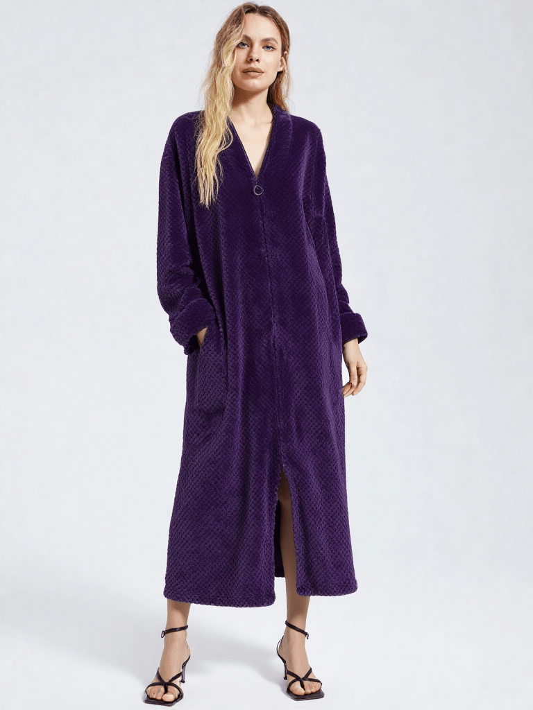 Robe de chambre femme polaire grande taille, vue portée, chaud, femme, fermeture, hiver, long, maternite, pilou, polaire, uni, violet, zip