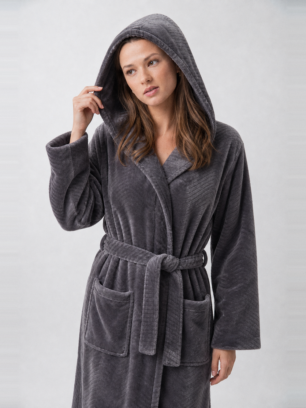 Robe de chambre polaire grise femme longue à capuche – capuche