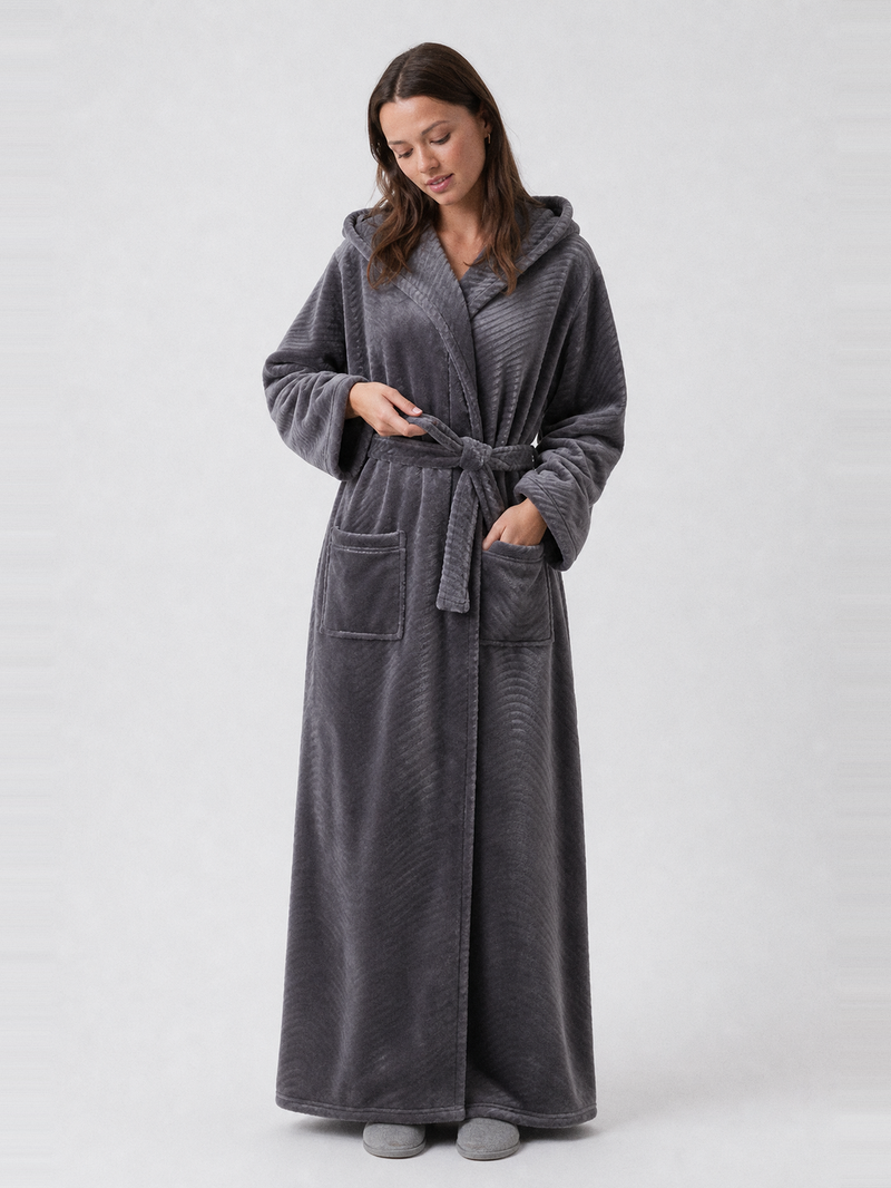 Robe de chambre polaire grise femme longue à capuche – ceinture et poches