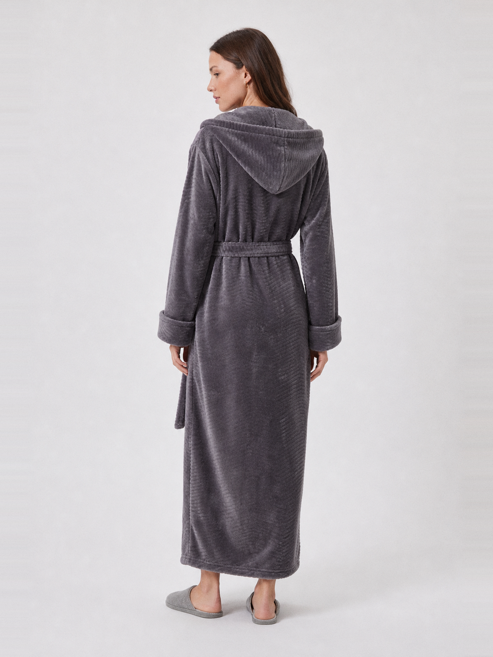 Robe de chambre polaire grise femme longue à capuche – vue de dos