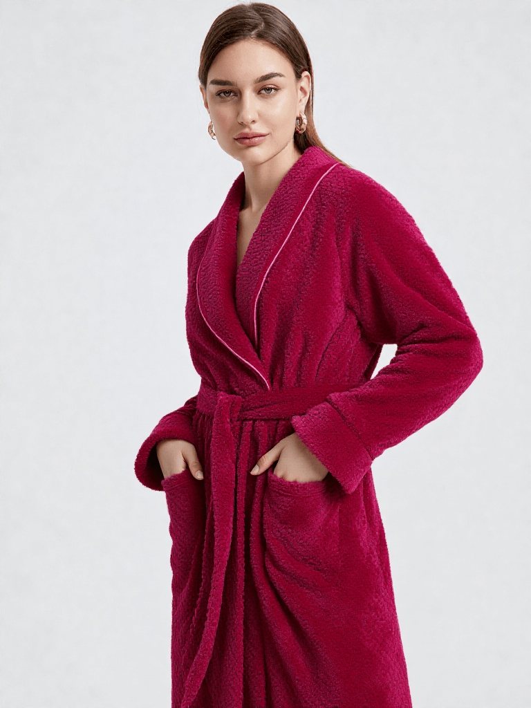 Robe de chambre femme polaire rouge, vue portée, chaud, femme, hiver, long, pilou, polaire, rouge, uni