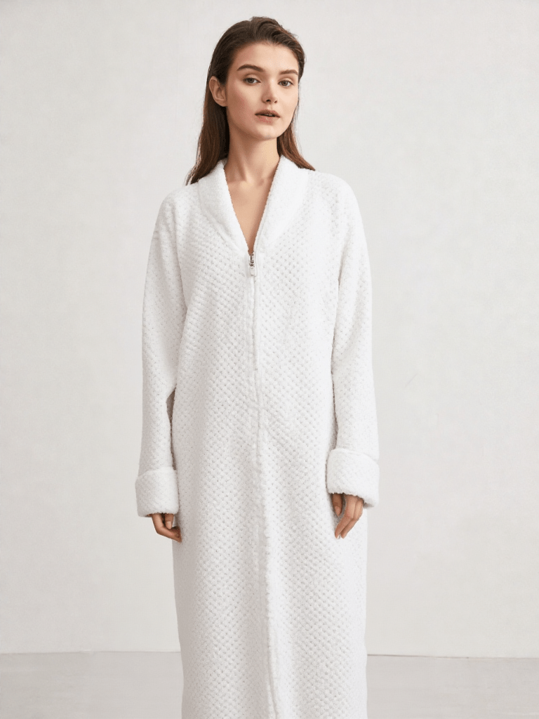 Robe de chambre femme polaire zippée, vue portée, ado, blanc, chaud, femme, fermeture, fille, hiver, long, maternite, mrb-exclude-femme-hub, pilou, polaire, zip