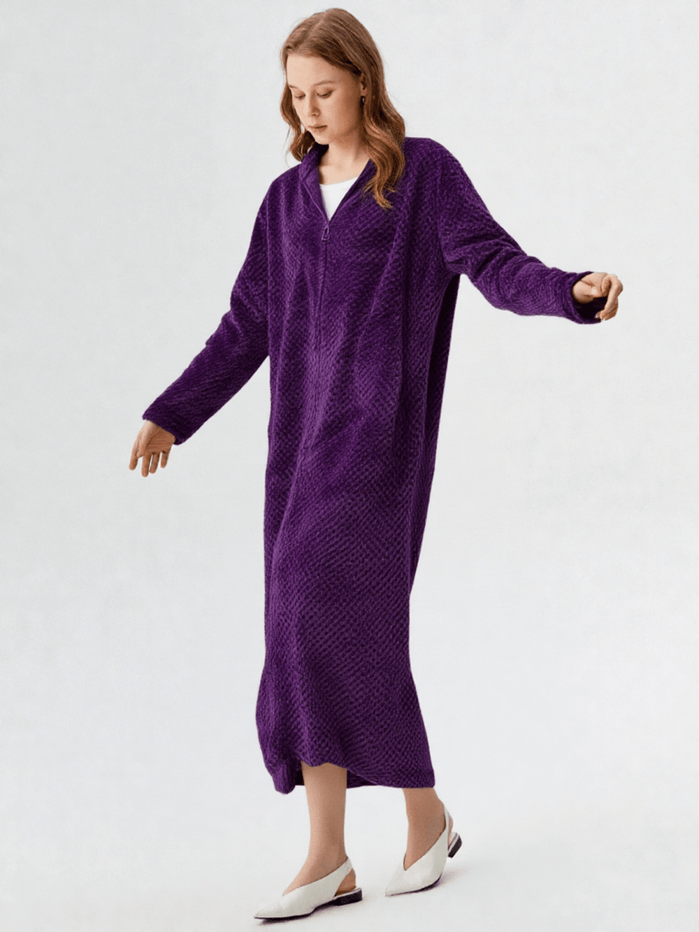 Robe de chambre femme très longue, vue portée, ado, chaud, femme, fermeture, fille, hiver, long, maternite, mrb-exclude-femme-hub, pilou, polaire, violet, zip