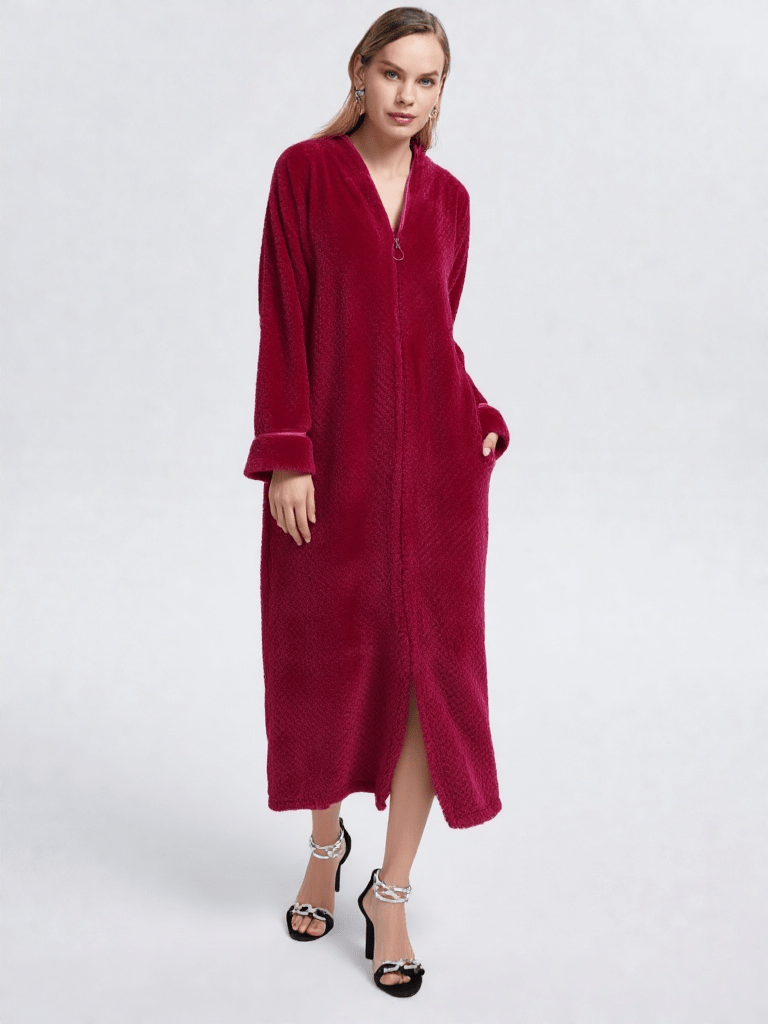 Détail matière et finitions, robe de chambre femme velours zippée