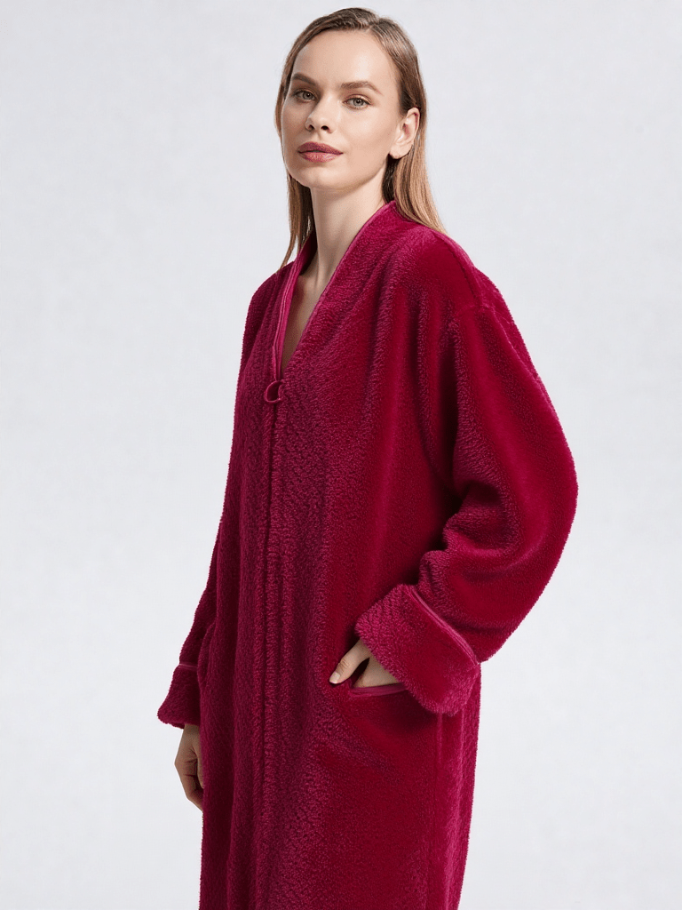 Robe de chambre femme velours zippée, vue portée, chaud, femme, fermeture, hiver, long, maternite, pilou, polaire, rouge, uni, zip