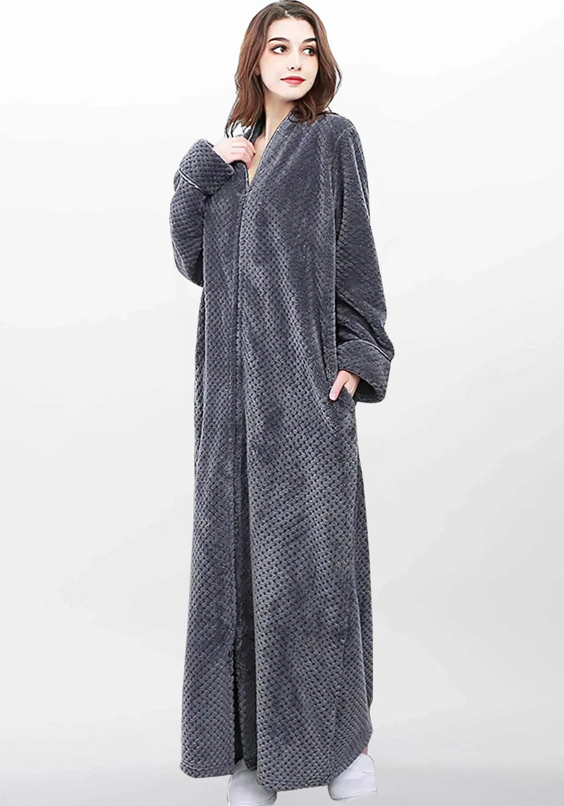 Robe de chambre femme zippée, vue portée, chaud, femme, fermeture, gris, hiver, long, maternite, pilou, polaire, uni, zip