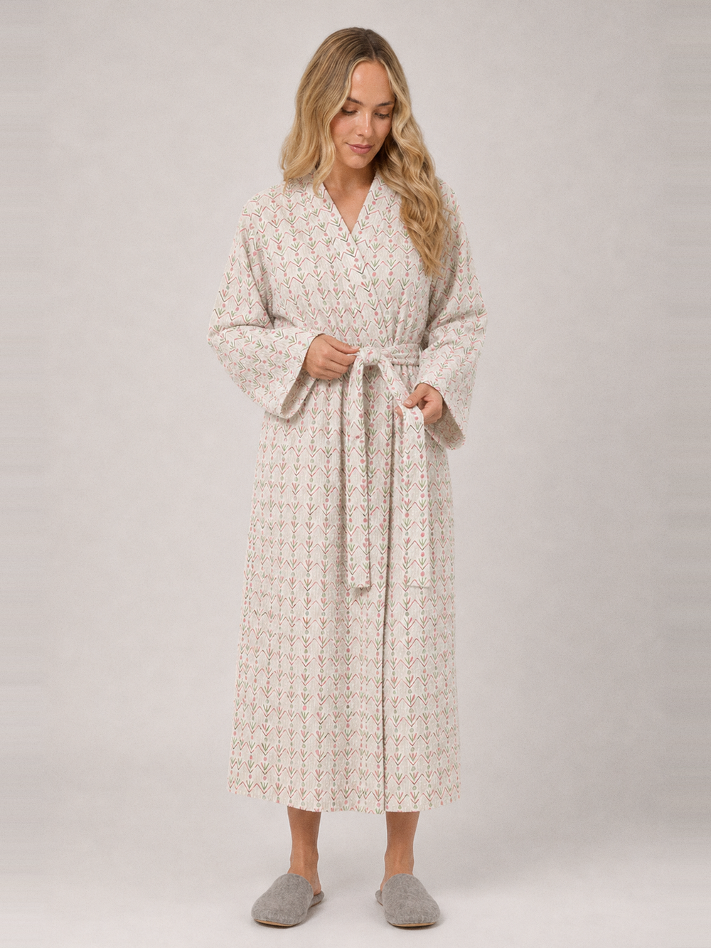 Robe de chambre fleurie femme – ceinture et poches