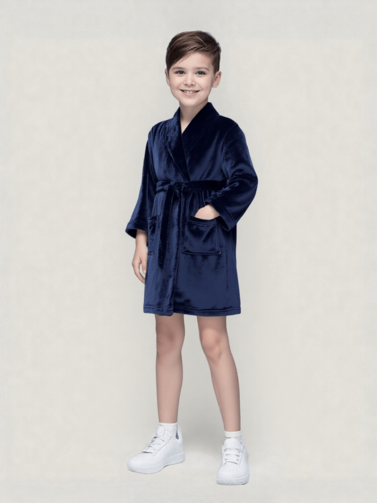 Robe de chambre garçon 4 ans, vue portée, 10ans, 12ans, 8ans, bebe, enfant, eponge, fille, garcon, kimono, noir, polaire, uni