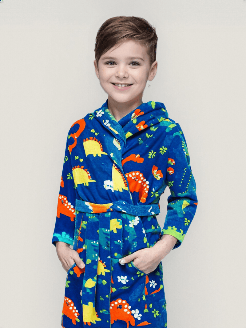 Robe de chambre garçon 5 ans, vue portée, 10ans, 12ans, 8ans, bebe, bleu, capuche, enfant, eponge, fille, garcon, kimono, motif, polaire