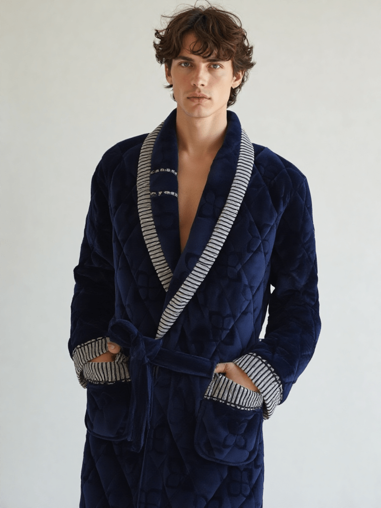 Robe de chambre hiver homme, vue portée, bleu, chaud, chic, coton, hiver, homme, kimono, long, luxe, matelasse, treschaud, velour