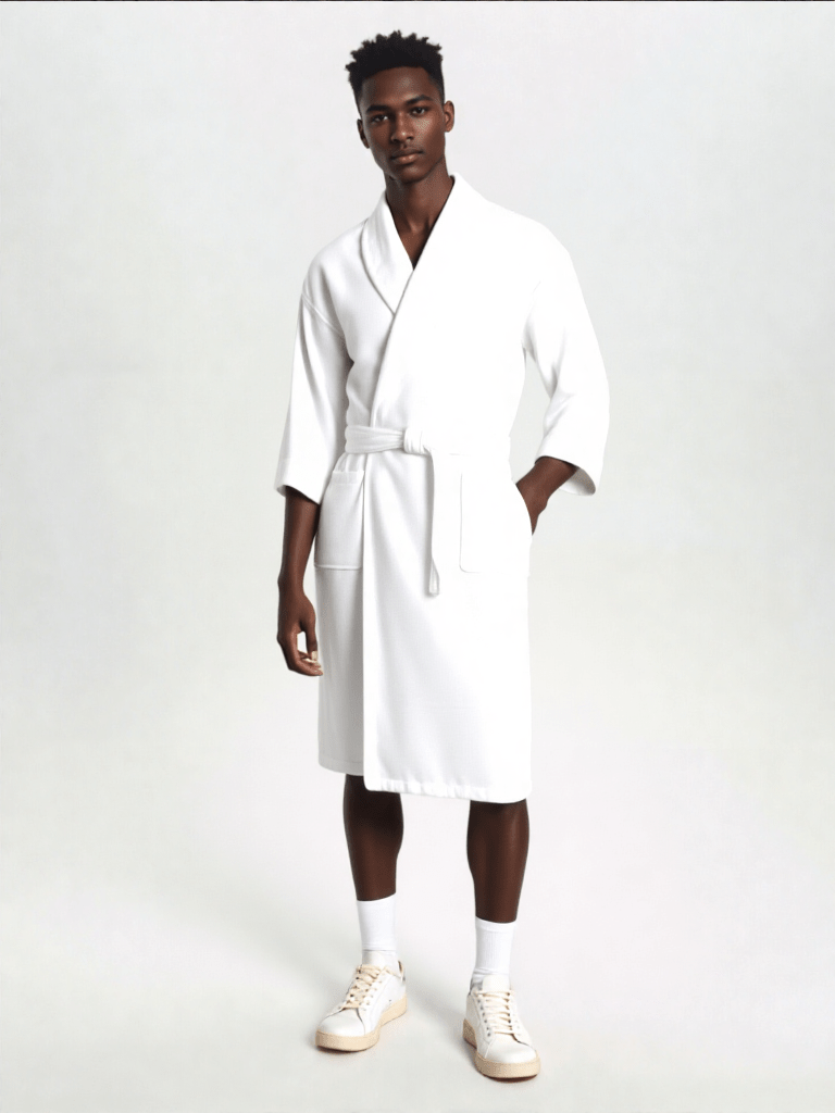 Robe de chambre homme 100% coton, vue portée, blanc, coton, homme, kimono, long, uni