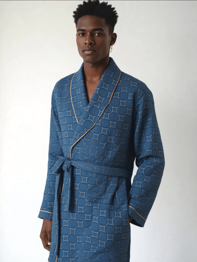 Robe de chambre homme coton nid d'abeille, vue portée, bleu, brodé, chic, coton, grandetaille, hiver, homme, kimono, long, luxe, motif, été
