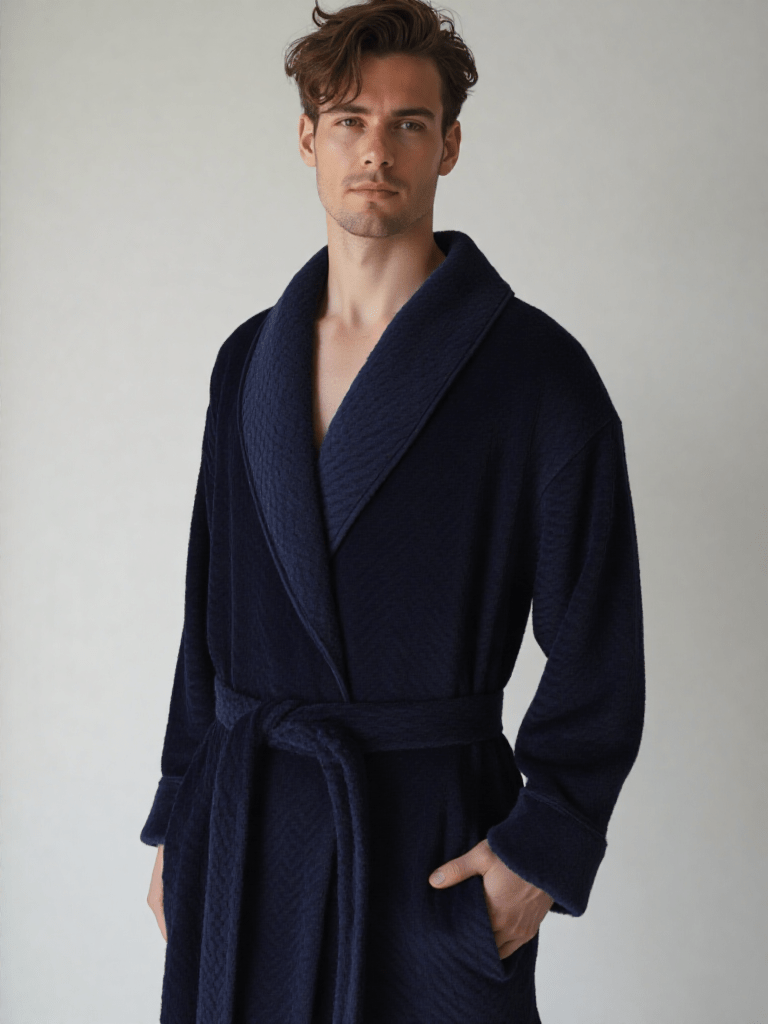 Robe de chambre homme douce et chaude, vue portée, bleu, chaud, hiver, homme, long, matelasse, pilou, polaire, uni