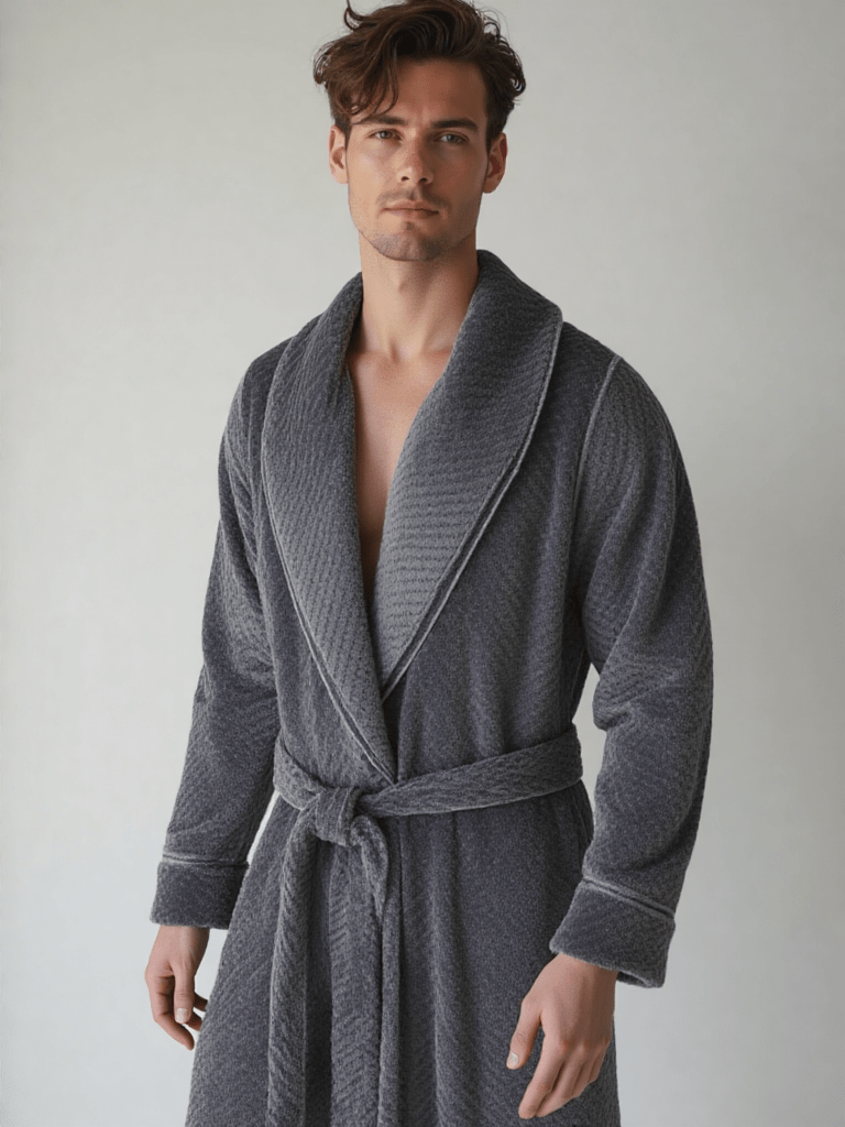 Vue de dos ou tombé, robe de chambre homme longue en polaire