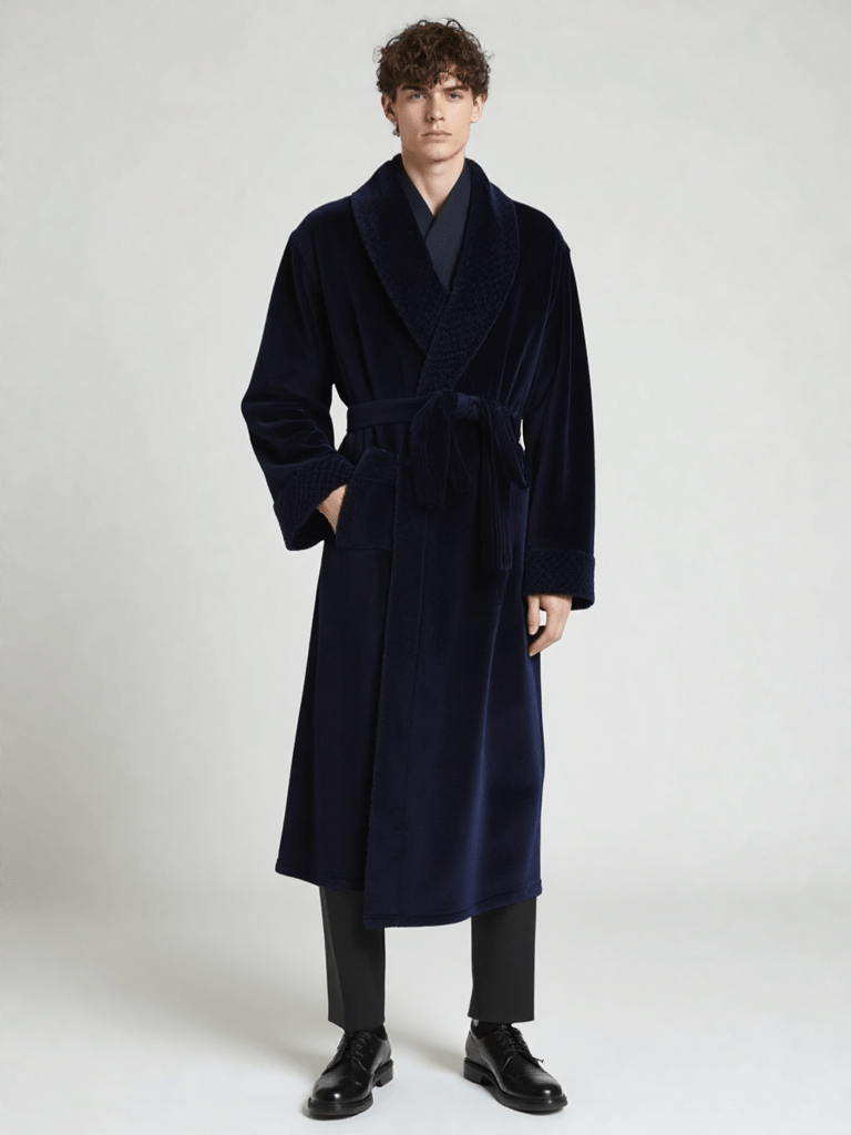 Robe de chambre homme personnalisable, vue portée, bleu, brodé, chaud, couple, hiver, homme, kimono, long, original, personnalise, polaire, uni