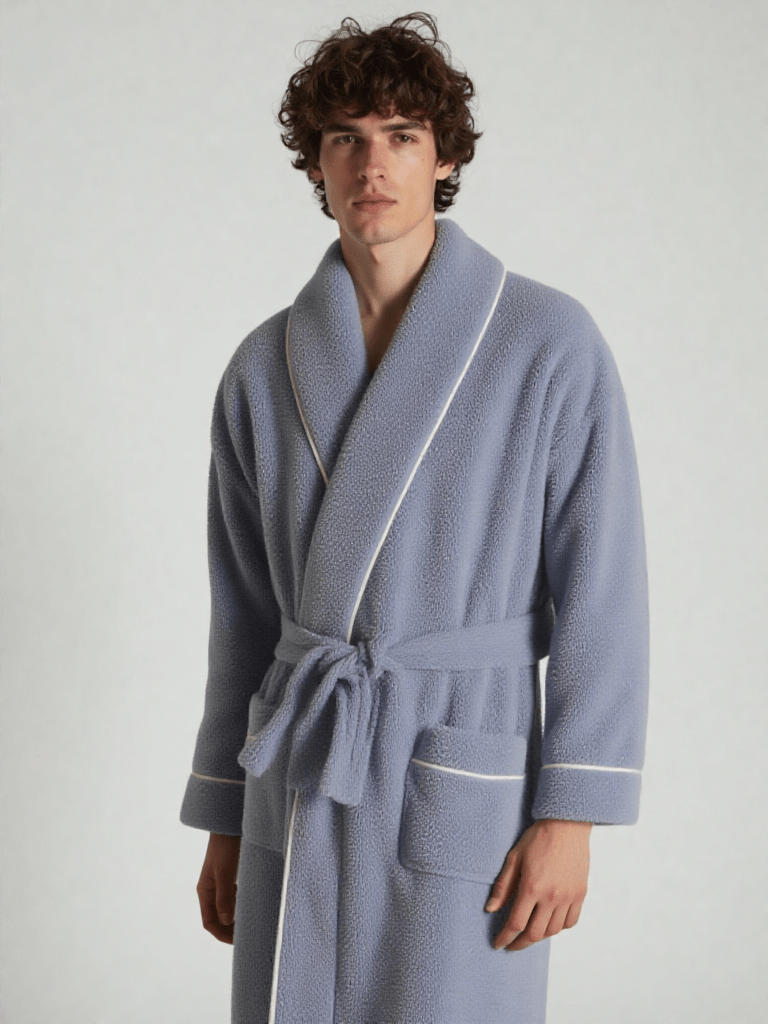 Robe de chambre homme polaire luxe, vue portée, chaud, couple, grandetaille, gris, hiver, homme, laine, long, luxe, pilou, polaire, uni