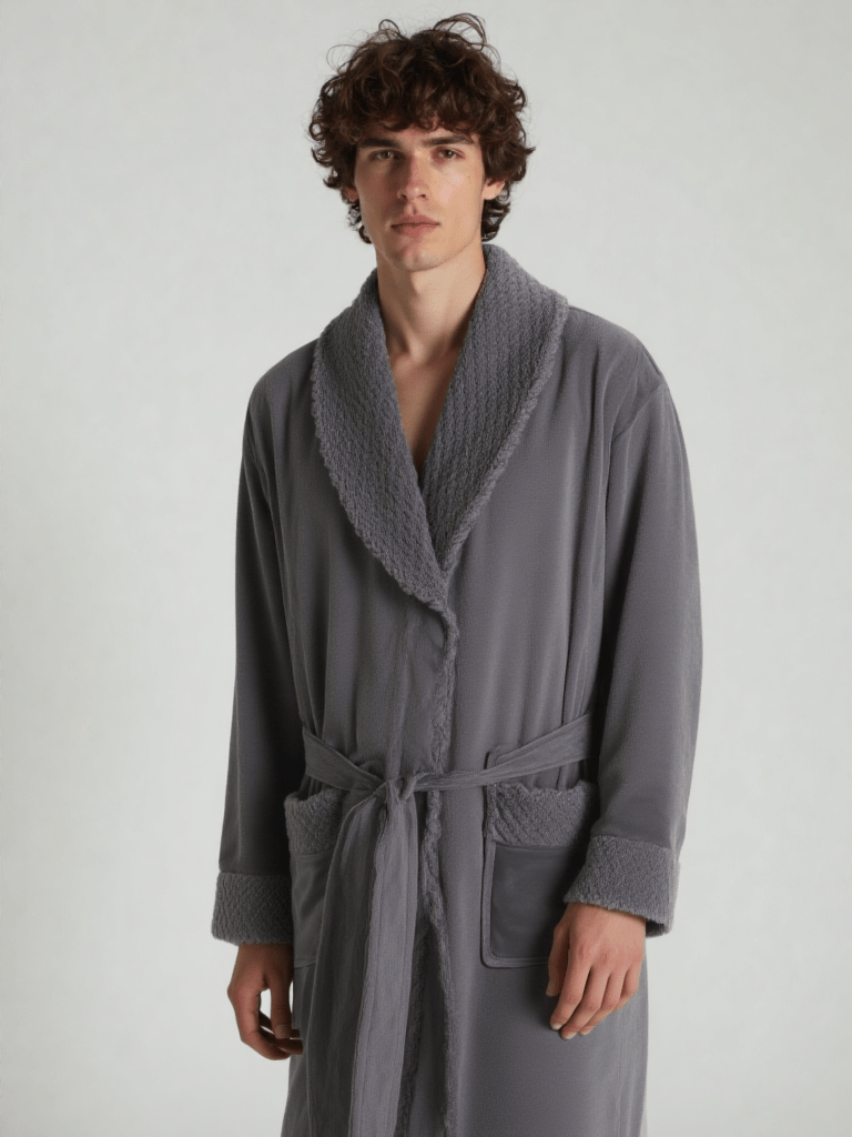 Robe de chambre homme polaire personnalisé, vue portée, brodé, chaud, couple, gris, hiver, homme, kimono, long, original, personnalise, polaire
