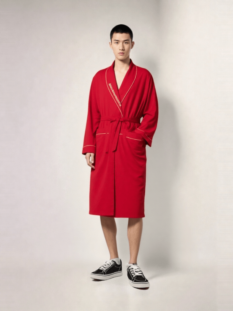 Robe de chambre homme satin de coton, vue portée, chic, coton, court, grandetaille, homme, kimono, leger, rouge, uni, été