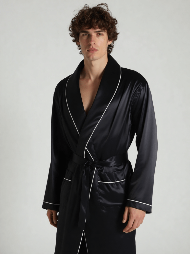 Robe de chambre homme satin soie, vue portée, grandetaille, homme, kimono, leger, long, noir, satin, uni, été