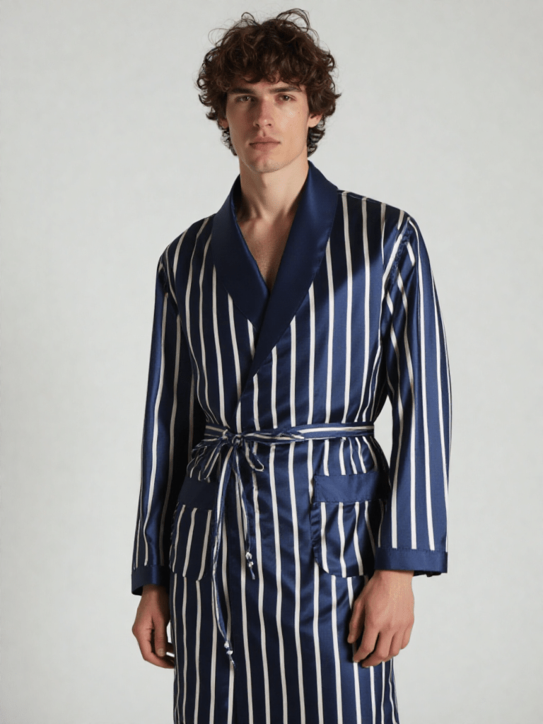 Robe de chambre homme soie luxe, vue portée, bleu, grandetaille, homme, kimono, leger, luxe, motif, original, satin, été