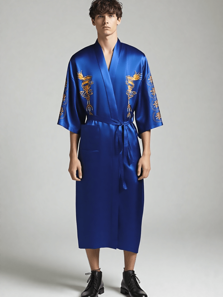 Robe de chambre homme style kimono, vue portée, homme, kimono, long, motif, noir, original, satin, été