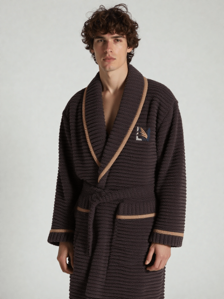 Robe de chambre homme très chaude courte, vue portée, chaud, chic, coton, grandetaille, hiver, homme, kimono, long, luxe, marron, original, treschaud