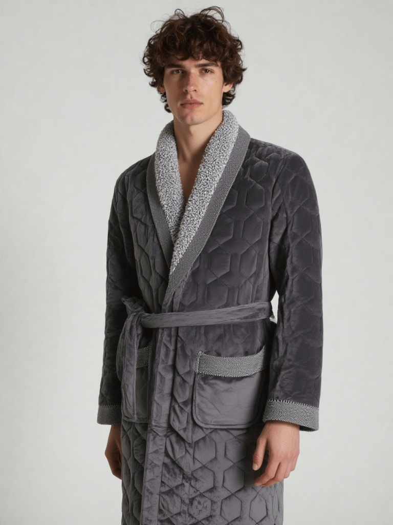 Robe de chambre homme velours coton, vue portée, chaud, chic, coton, gris, hiver, homme, kimono, long, luxe, matelasse, treschaud, velour