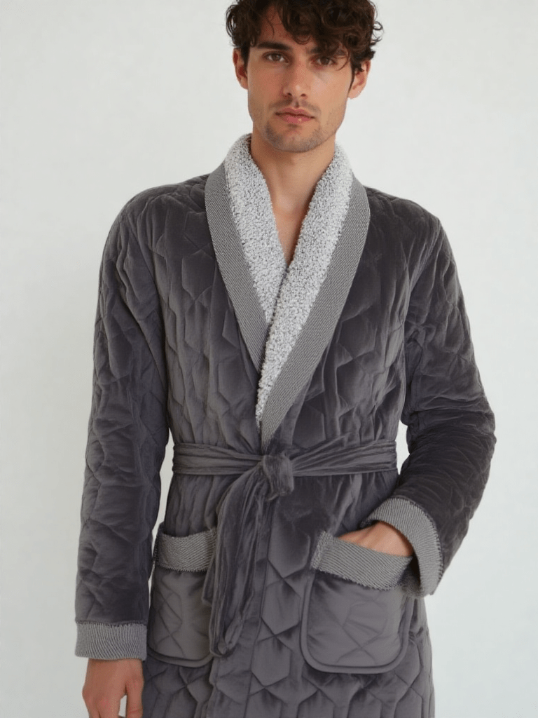 Vue de dos ou tombé, robe de chambre homme velours coton