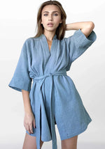 Blauer Kimono-Morgenmantel für Damen aus Baumwolle  - Vignette | Ma robe de chambre