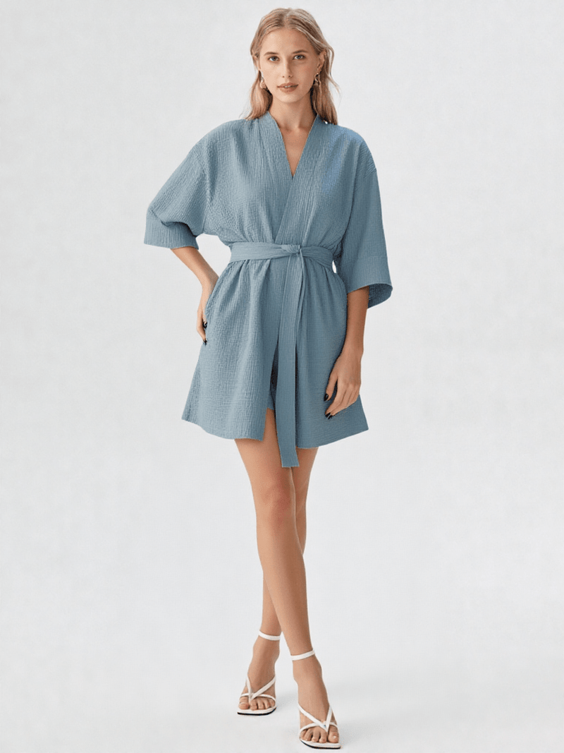 Robe de chambre kimono coton bleu femme, vue portée, bleu, chic, court, femme, kimono, été