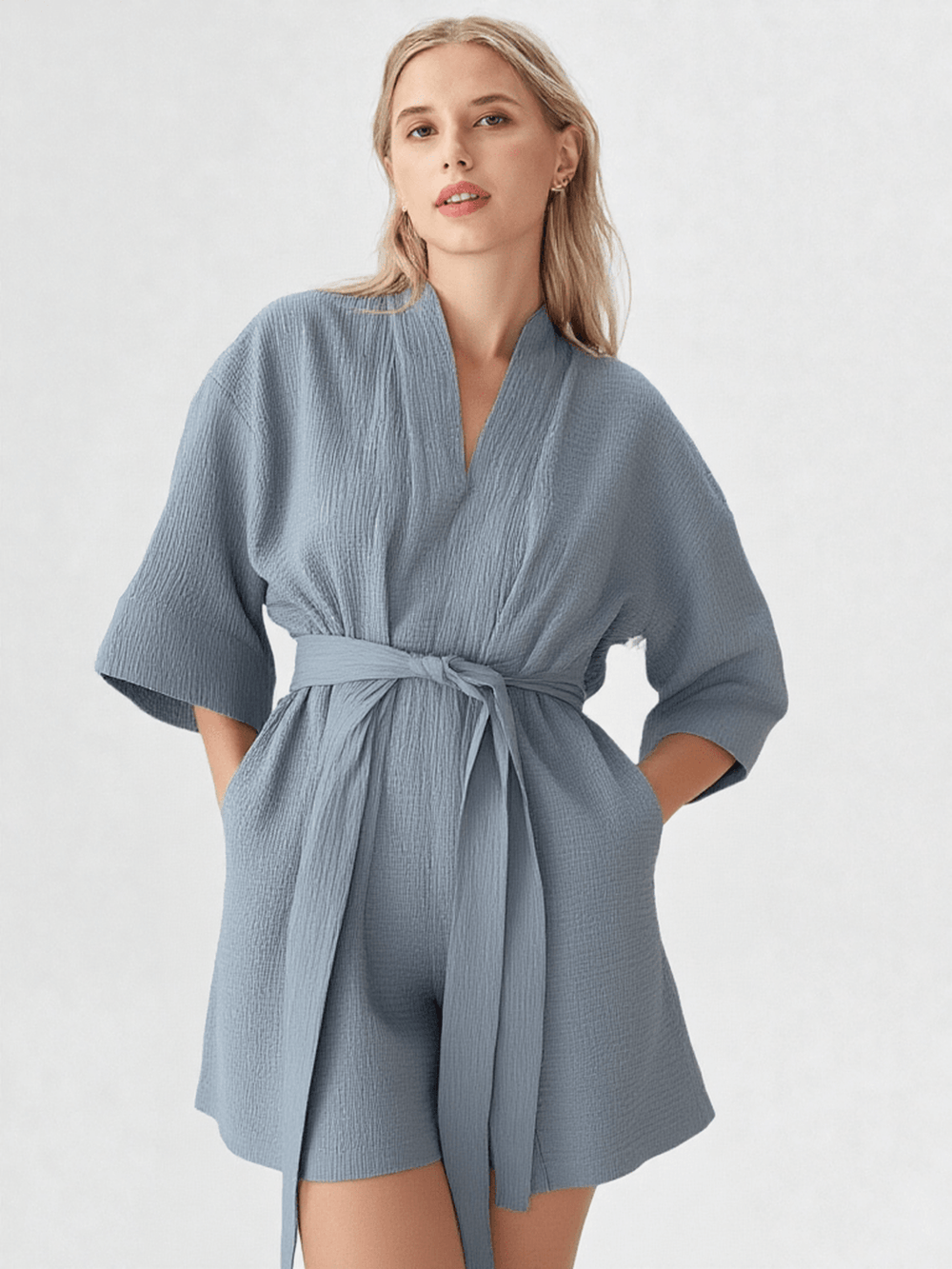 Détail matière et finitions, robe de chambre kimono coton bleu femme