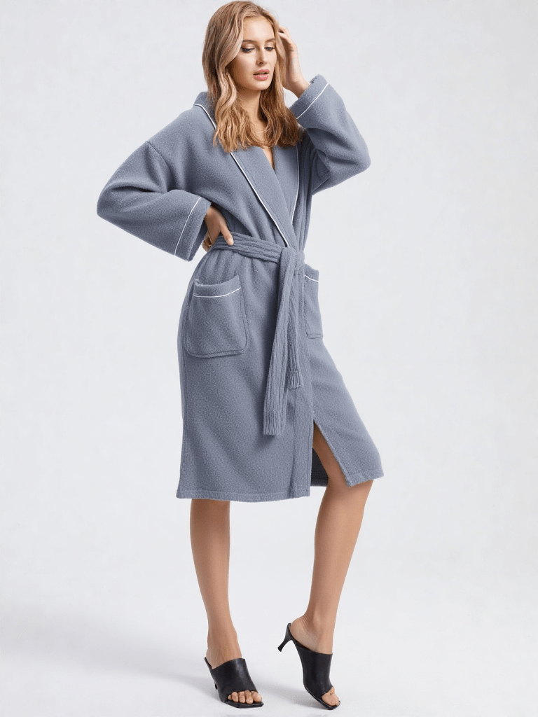 Robe de chambre kimono coton, vue portée, chaud, coton, eponge, femme, gris, long, uni