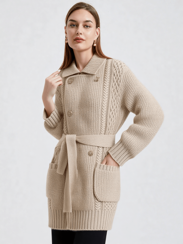 Robe de chambre laine et cachemire, vue portée, beige, chaud, chic, court, femme, hiver, kimono, laine, treschaud, uni
