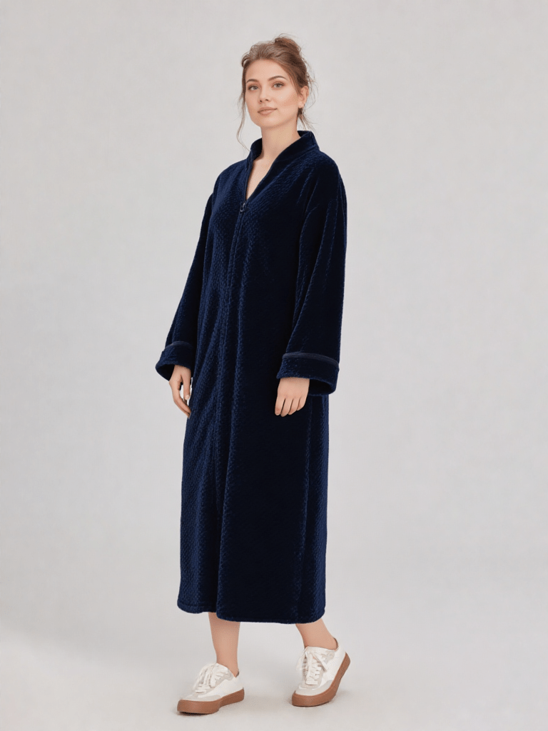 Détail matière et finitions, robe de chambre longue chaude pour femme zippée