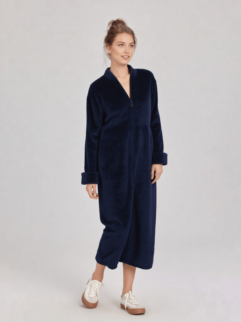 Robe de chambre longue chaude pour femme zippée, vue portée, ado, bleu, chaud, femme, fermeture, fille, hiver, long, maternite, mrb-exclude-femme-hub, pilou, polaire, zip
