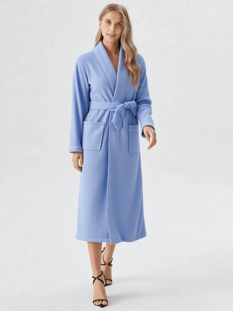 Robe de chambre longue coton, vue portée, bleu, chaud, coton, eponge, femme, long, uni