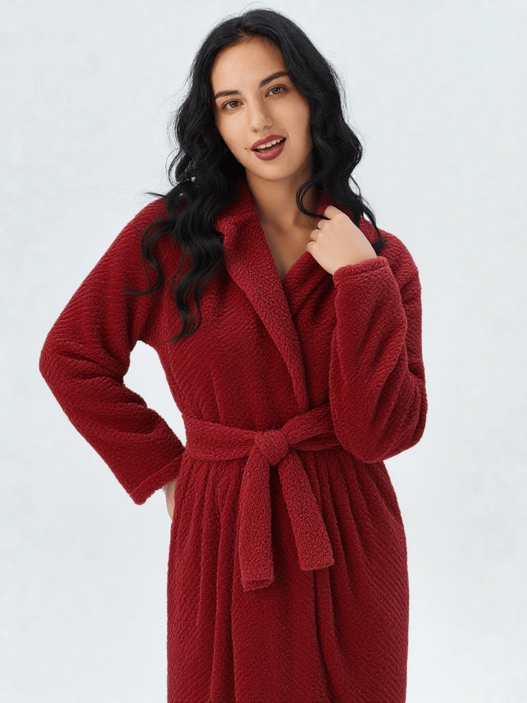 Robe de chambre longue femme hiver, vue portée, chaud, femme, hiver, kimono, long, luxe, pilou, polaire, rouge, treschaud, uni, velour