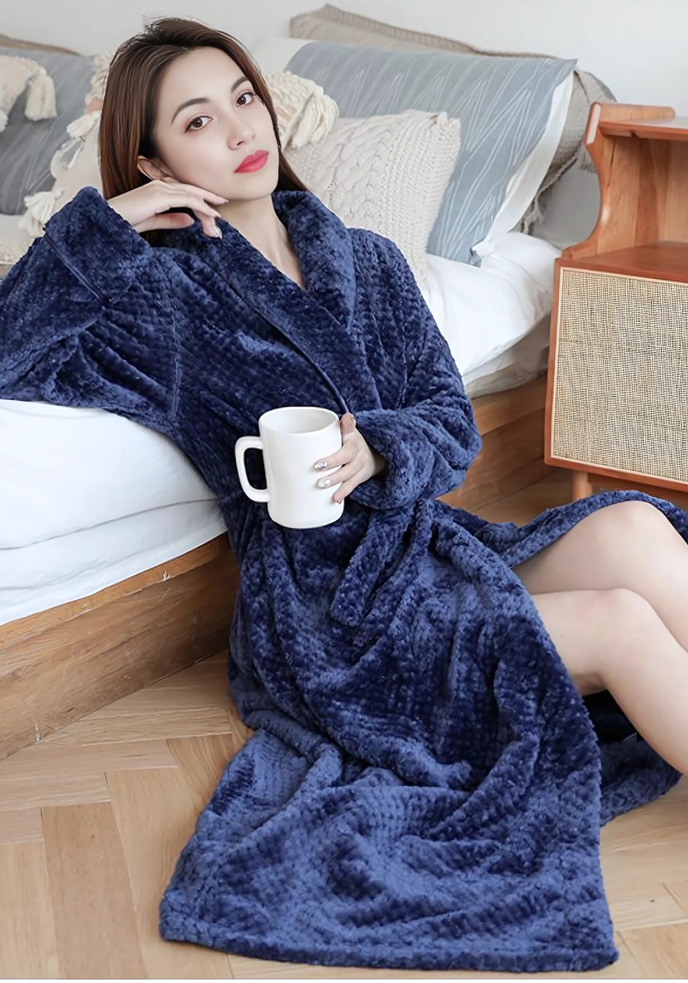 Robe de chambre longue polaire bleu femme