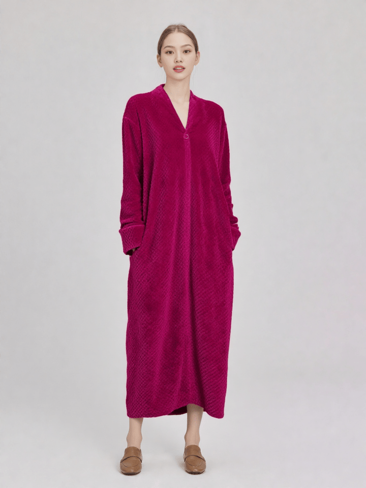 Robe De Chambre Femme En Polaire - Longue, Chaude, Avec Capuche, Boutons Et Poches - Taille Unie