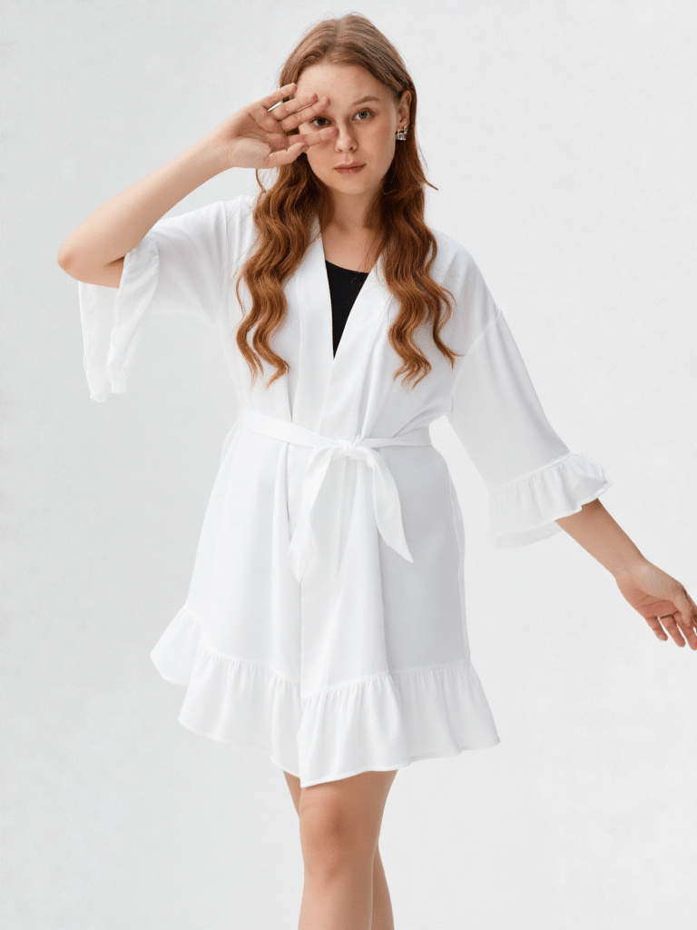 Robe de chambre mariage personnalisé, vue portée, blanc, brodé, court, femme, kimono, leger, mrb-exclude-femme-hub, personnalise, satin, été