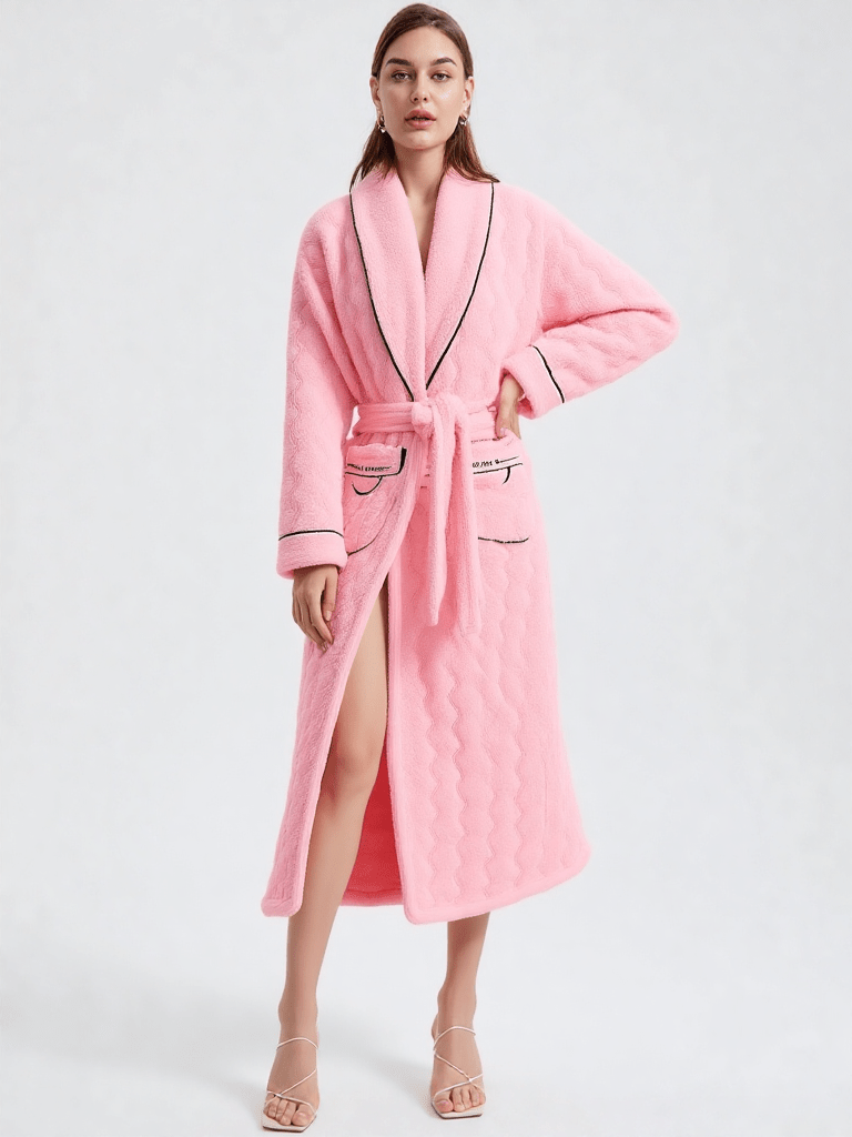 Robe de chambre matelassée polyester, vue portée, chaud, chic, femme, grandetaille, kimono, long, luxe, matelasse, polaire, rose, treschaud, uni, velour