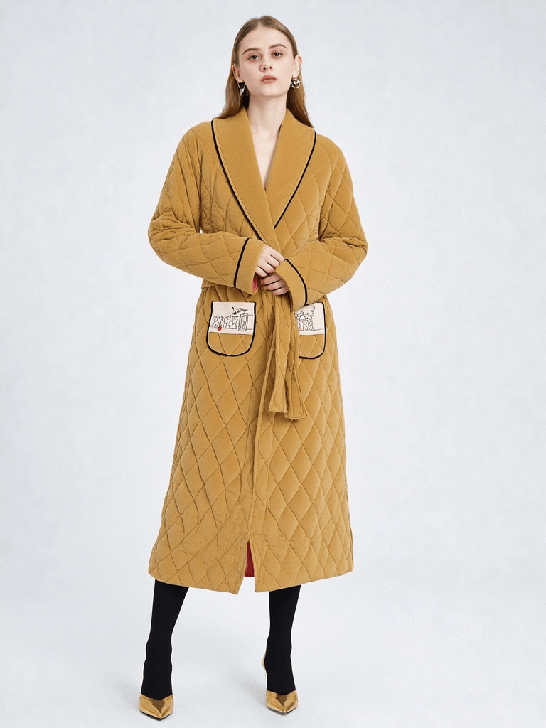 Robe de chambre molleton polaire femme, vue portée, chaud, chic, femme, grandetaille, kimono, long, luxe, marron, matelasse, polaire, treschaud, uni, velour