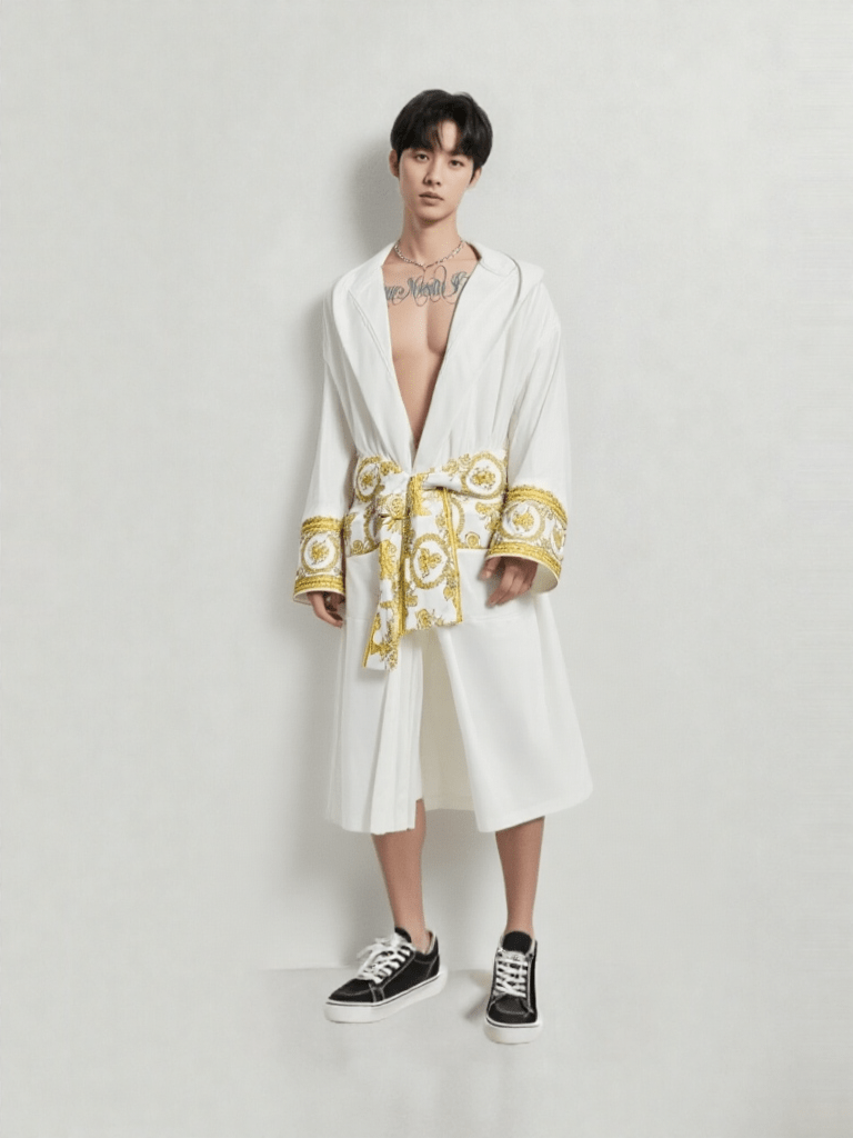 Robe de chambre originale homme, vue portée, blanc, capuche, chic, coton, homme, kimono, long, luxe, motif, original, été