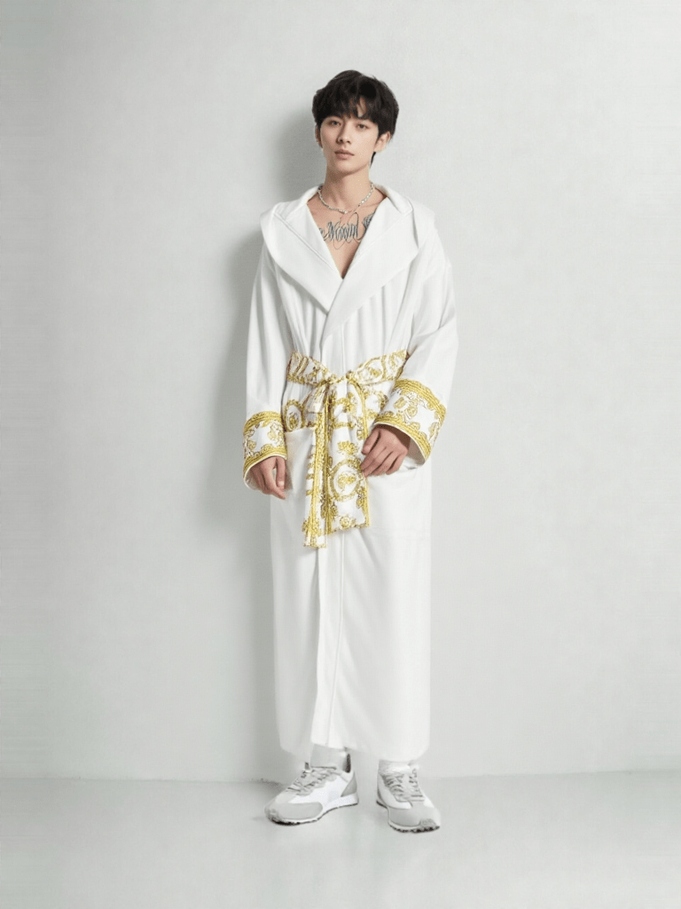 Détail matière et finitions, robe de chambre originale homme