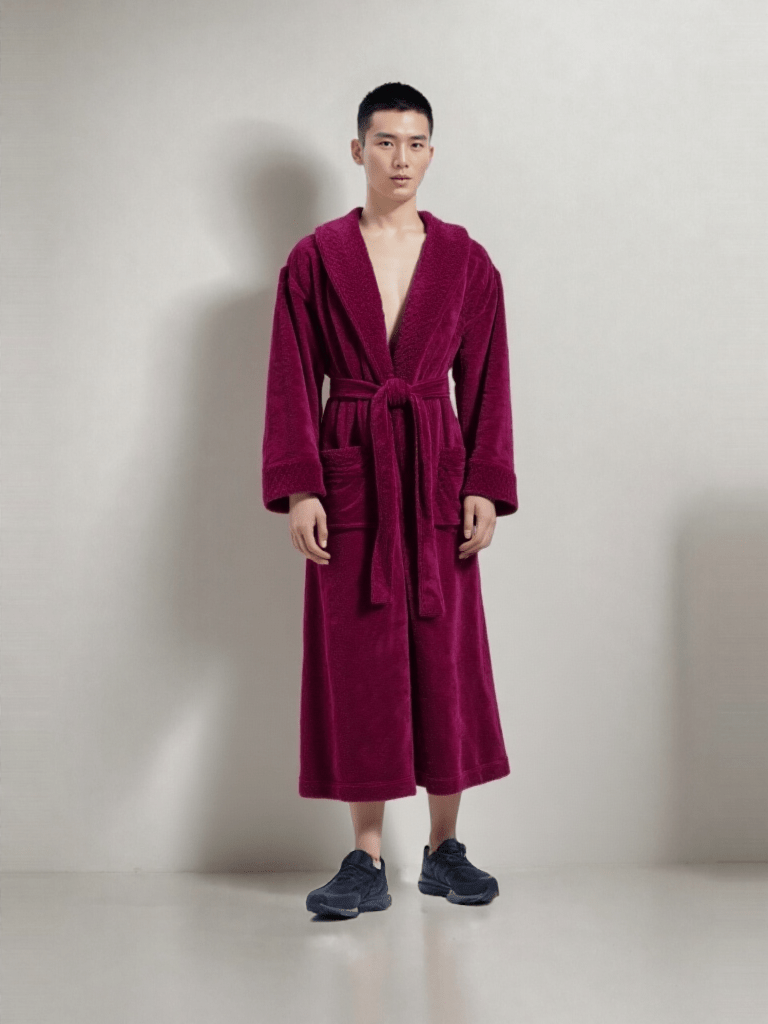 Robe de chambre personnalisé homme, vue portée, brodé, chaud, couple, hiver, homme, kimono, long, original, personnalise, rouge, velour